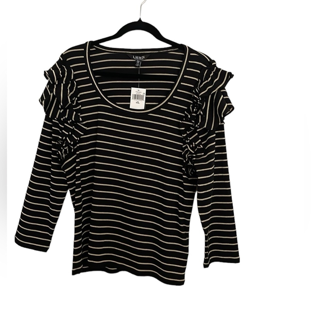 NWT Lauren Ralph Lauren black gold metallic striped top